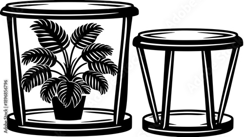 A potted plant enclosed in a glass container beside an empty glass stand viewed from the side