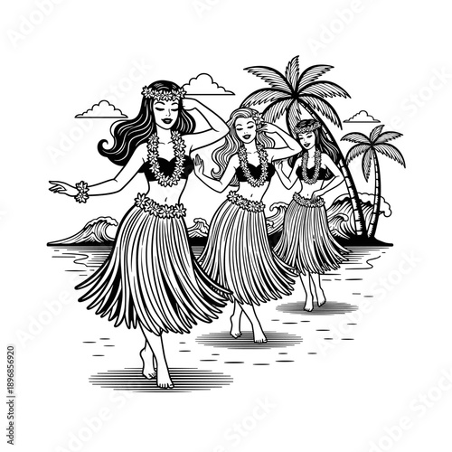 Three graceful Hawaiian hula dancers performing traditional island dance.