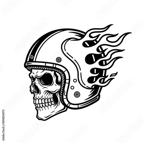 Skull in a flaming motorcycle helmet, black and white illustration.