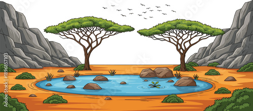 Peaceful cartoon pond scene with acacia trees, rocks, and birds in a semi-arid landscape, ideal for nature themes and educational illustrations.