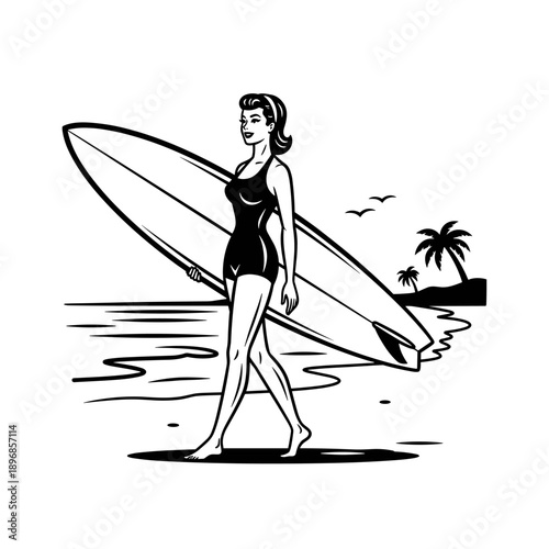 Retro Woman Surfer Walking With Surfboard on Beach.