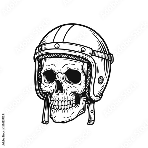 Skull Wearing a Vintage Motorcycle Helmet Illustration.