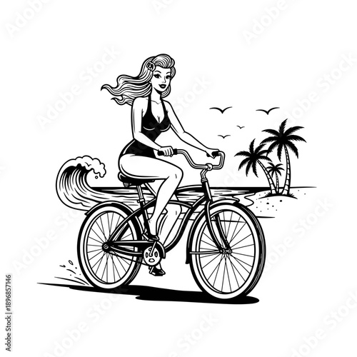 Pin-up girl in swimsuit riding a bicycle.