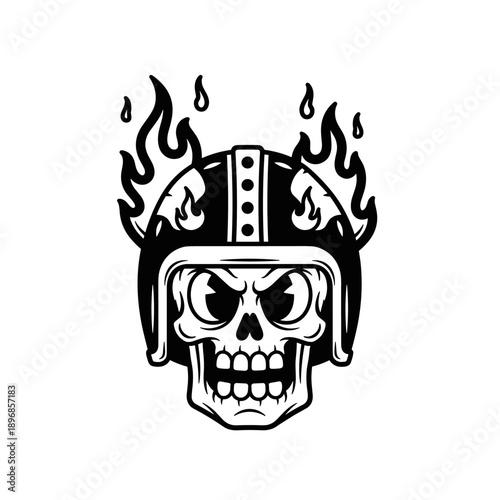 Skull wearing a helmet with flames on head.