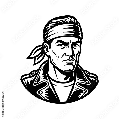 Monochromatic portrait of a determined biker in a bandana and leather jacket.