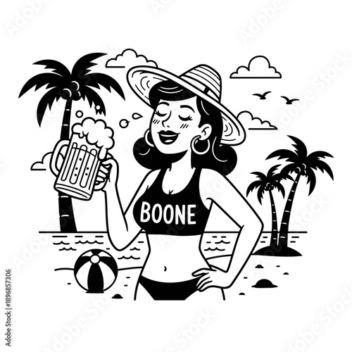 A happy woman in a bikini and hat holding a beer mug, enjoying a tropical beach vacation.