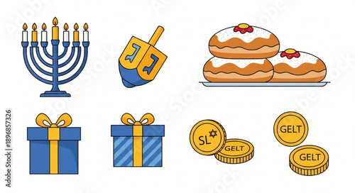 Hanukkah symbols including menorah dreidel sufganiyot gifts and gelt.