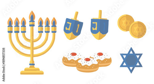 Hanukkah Symbols Including Menorah Dreidels and Star of David.