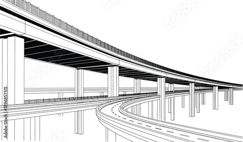 A black and white illustration of a curved highway bridge with multiple lanes and pillars