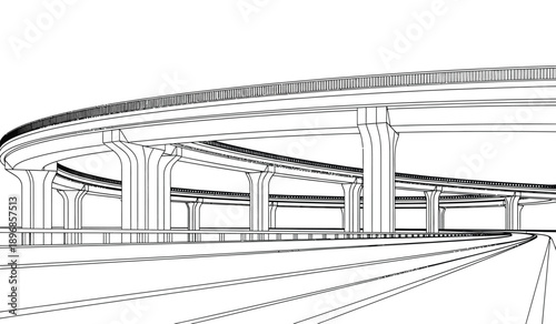 Black and white illustration of a highway overpass with multiple lanes and pillars