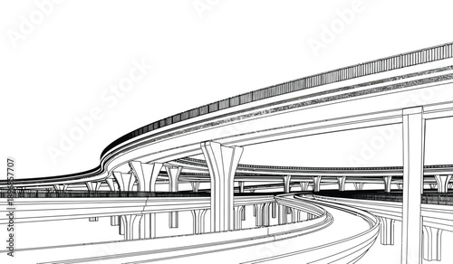 Black and white illustration of a highway overpass with multiple lanes and curved road