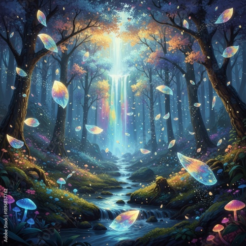 Holographic Effects Sparkling ethereal petals falling from the t