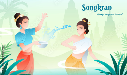 Songkran Festival Thailand Happy People Scene Traditional Architecture Tropical Plants