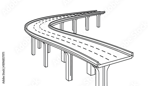 A black and white line drawing of a curved highway bridge or overpass with multiple pillars