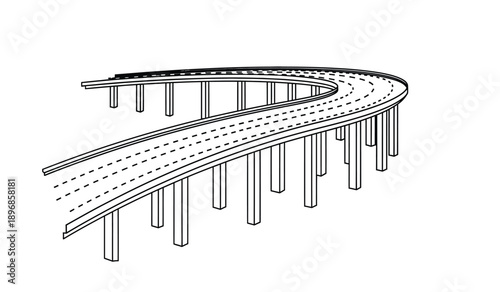 A black and white illustration of a curved highway road with multiple lanes and pillars