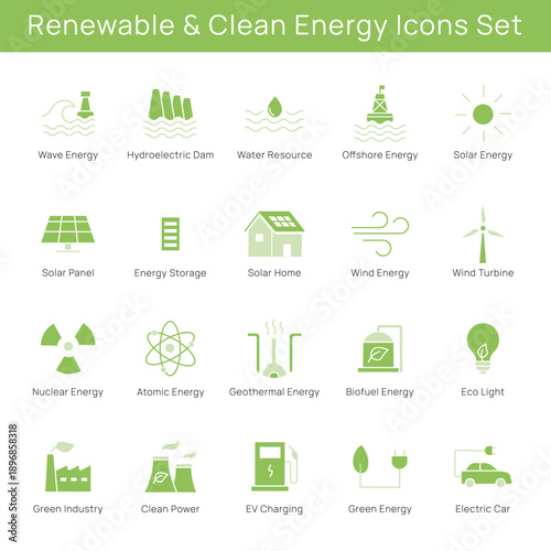 Renewable and Clean Energy Duo Tone Icons Set