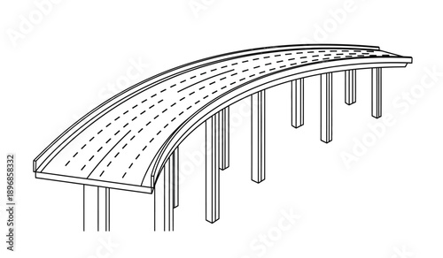 A black and white line drawing of a curved bridge with pillars
