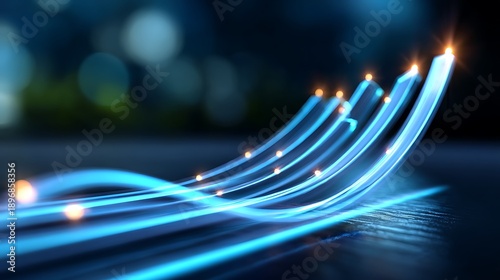 Neon blue financial growth timeline with light trails on dark background for business success and innovation