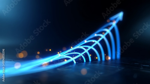 Neon blue financial growth timeline with upward arrows and business data visualization on dark background