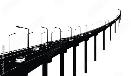 A black and white illustration of a highway bridge with cars and streetlights