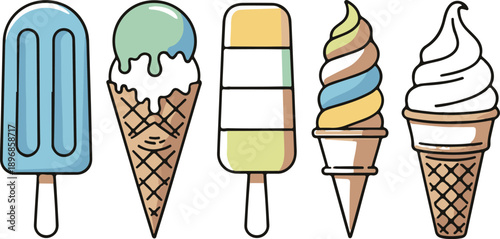 Vector set of various ice cream icons. Colorful Vectror Ice Cream Cones Characters.