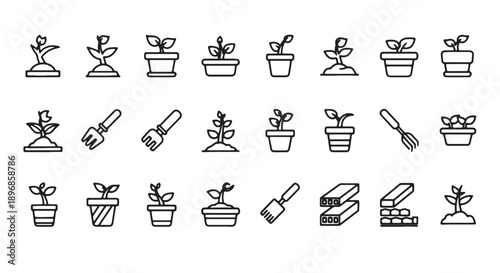 Vector gardening tools and potted plants icons set, for gardening or planting concept, isolated on transparent background, png