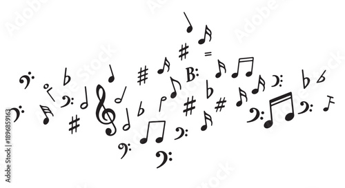 Black musical notes and symbols vector illustration, floating on white background, for music or presentation design, isolated on transparent background, png