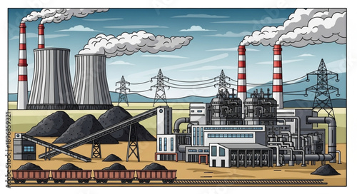 Industrial coal power plant with smoke stacks and coal piles.