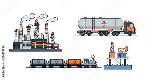 Industrial complex with oil rig train and tanker truck.