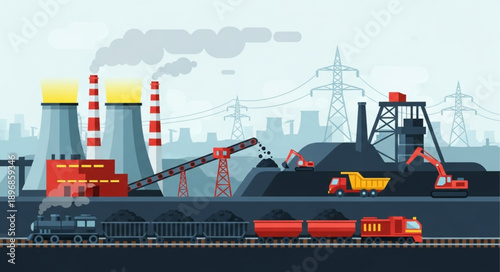 Industrial coal power plant with train and trucks.
