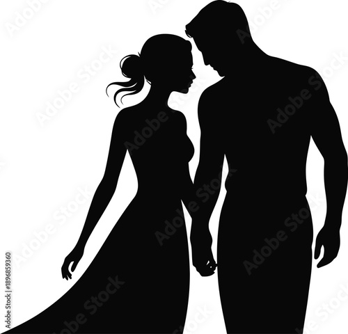 Silhouette of a romantic couple standing closely together and looking into each other's eyes with affection against white.