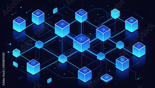 Digital currency and financial technology concept illustration, connected blocks, peer-to-peer network idea
