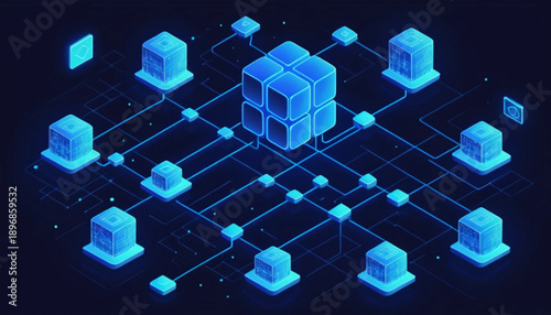 Digital currency and financial technology concept illustration, connected blocks, peer-to-peer network idea