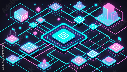 Digital currency and financial technology concept illustration, connected blocks, peer-to-peer network idea