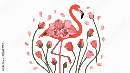 A vibrant pink flamingo stands amidst blooming roses and petals in a beautiful floral illustration