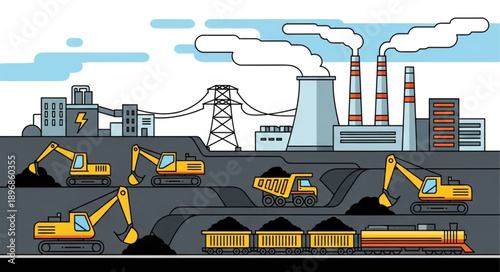Industrial coal mining operation with excavators and trucks.