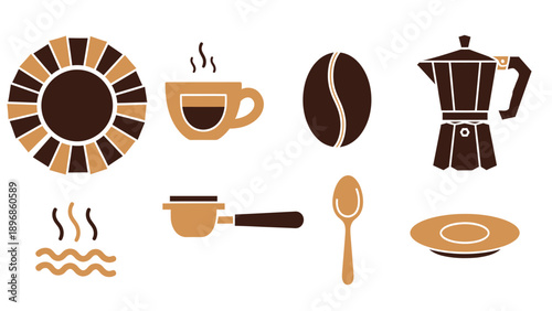 A collection of stylized coffeerelated icons in brown and tan hues