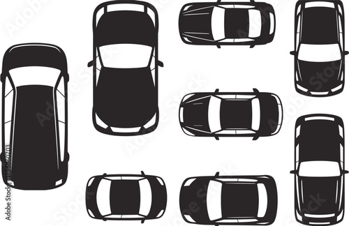 Black Car Top View Silhouette Set, Vehicle Roof Plan Vector, Isolated Auto Aerial Symbols for Architectural Site Mapping and Parking Design, Transport (24 words)