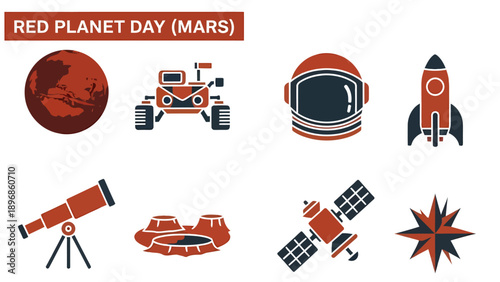 Eight red and dark blue icons related to Mars and space exploration