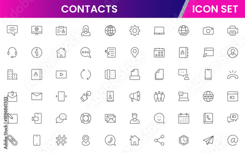 Contacts icons depicting address books, phone directories, profiles, communication, emails, phone calls, networking, connections, user information, social links, personal contacts, organization, manag