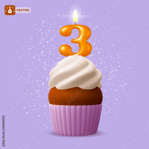 Cute cupcake with cream and glowing number three candle on purple background. 3rd Anniversary, 3 year birthday celebration, jubilee, festive milestone moment concept. 3D Isolated vector illustration