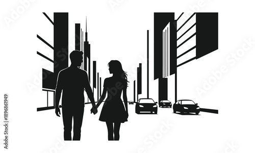 Couple walking hand in hand through busy city street with tall buildings