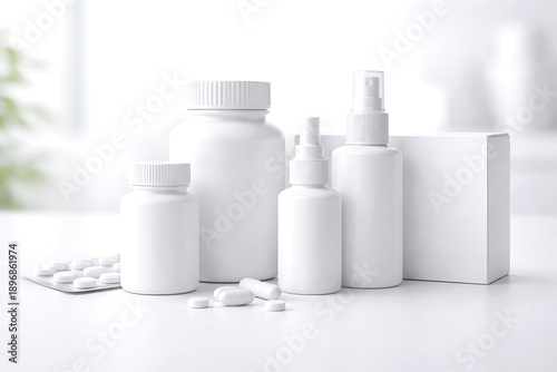Generic White Medicine Bottles, Sprays, Pills on Bright Background