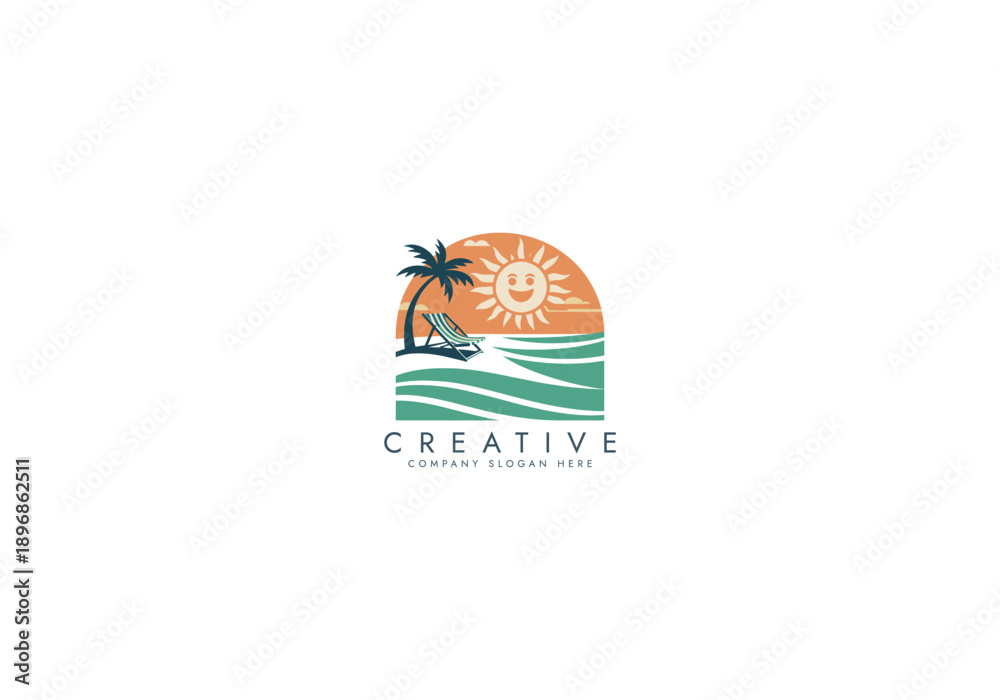 Fototapeta premium Beautiful colorful Holiday vacation beach stamp logo . luxury travel beach getaway holidays for honeymoon couple tropical vacation vector design.