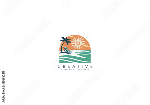 Beautiful colorful Holiday vacation beach stamp logo . luxury travel beach getaway holidays for honeymoon couple  tropical vacation vector design.