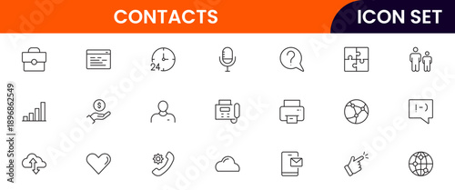 Contacts icons depicting address books, phone directories, profiles, communication, emails, phone calls, networking, connections, user information, social links, personal contacts, organization, manag