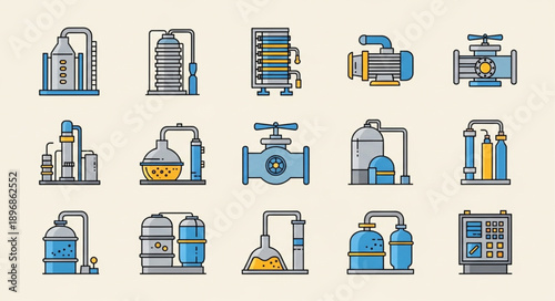Industrial Equipment Icons Set Chemical Plant Machinery.