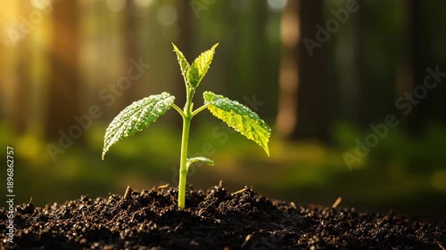 New green plant emerging from dark soil, with light, dew, and foliage