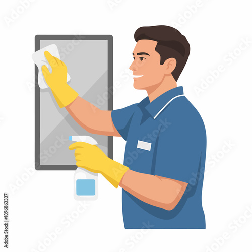 A man in a blue uniform and yellow gloves cleaning a surface with a cloth and spray bottle.
