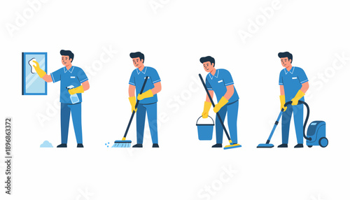 Professional cleaning service staff performing various cleaning tasks.